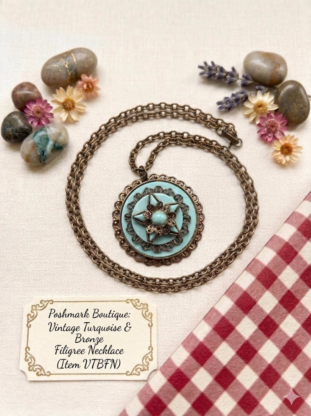 Vintage Turquoise Filigree Pendant Necklace - Bronze Chain